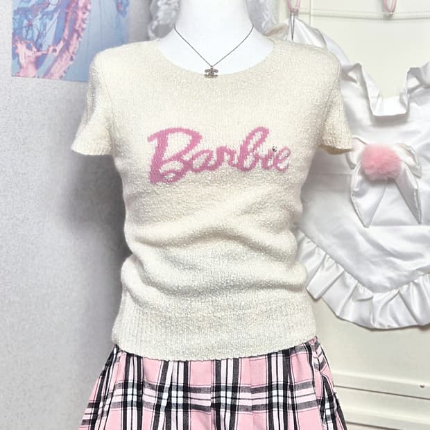 바비 Barbie 반팔 글리터 큐빅 니트 히메갸루 오네갸루 탑 리즈리사