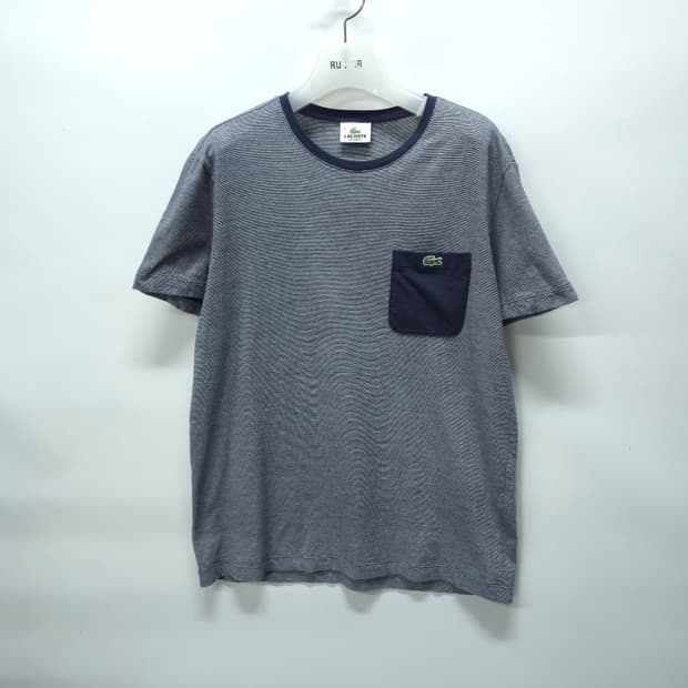 라코스테 남성 네이비 스트라이프 포켓 반팔 티셔츠(95)
