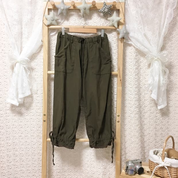 빈티지 모리걸 카키 크로셰 7부 팬츠
