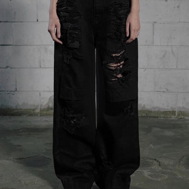 보헴서 KNEE OPEN RIPPED WIDE JEANS BLACK S