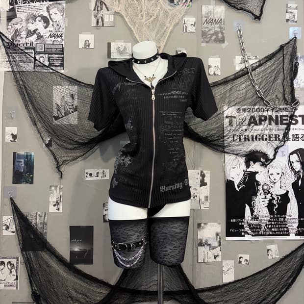 PUNK lettering skull halfsleeve hood zip