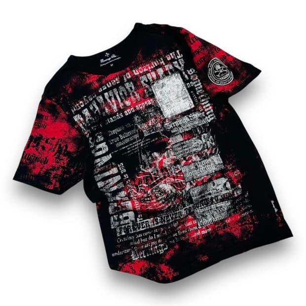 펑크 버닝 쇼 블러드 스컬 레터링 타투 반팔 티셔츠