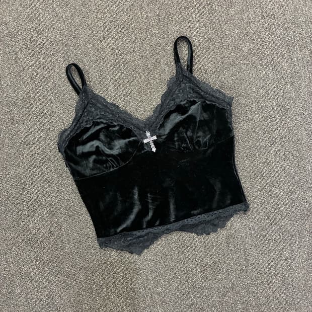 XS)ROMWE 빈티지 여성 레이스 디테일 벨벳 블랙 나시