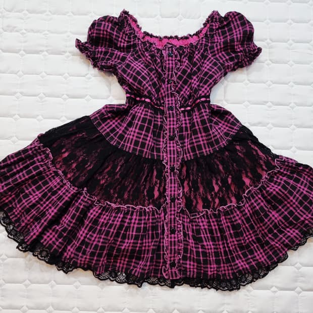 핑크 체크 블랙 레이스 고스로리 원피스