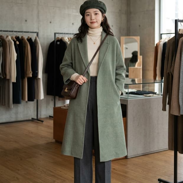 O'2nd 오즈세컨 애플그린 체크 앙고라 캐시미어 울 롱 코트