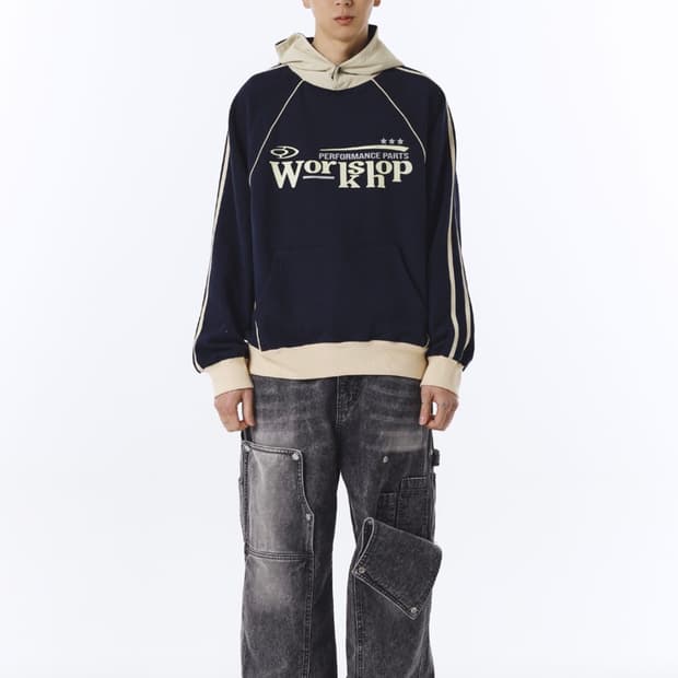 트래블 워크샵 라인 래글런 나일론 믹스 후드티 네이비