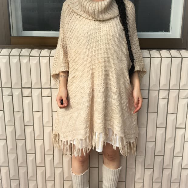 High neck fringe knit cape