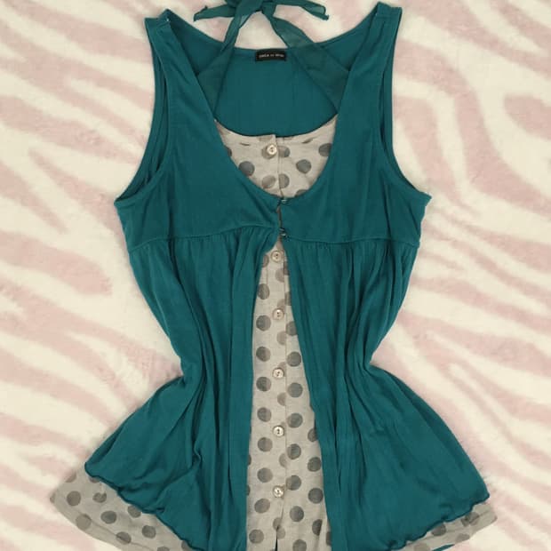 여름 청록 도트 모리걸 레이어드 민소매 단추 탑 헤이세이