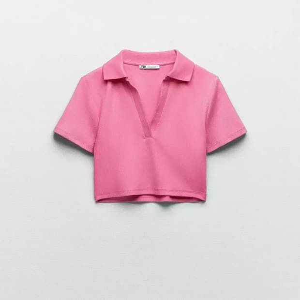 자라 핑크 골지 카라 크롭 티셔츠