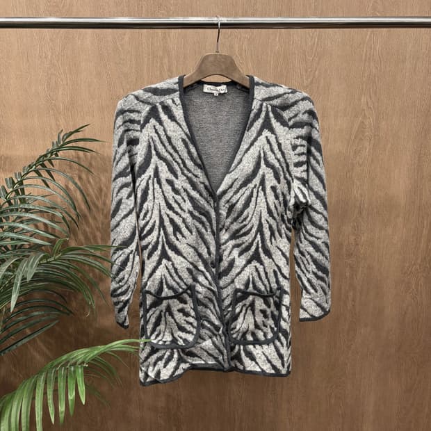 크리스찬 디올 울 니트 긴팔 가디건 지브라 애니멀 패턴 디테일 그레이