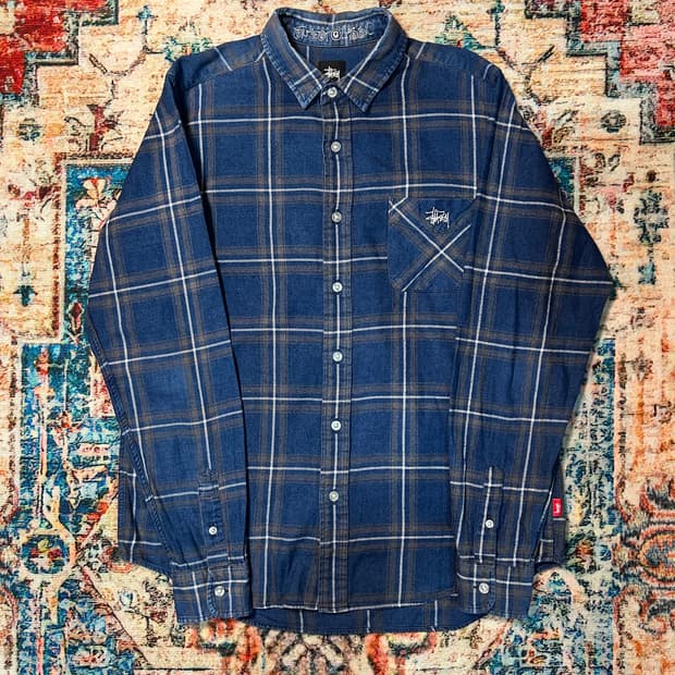 [M] 90s 스투시 자수로고 블루 플란넬 체크셔츠