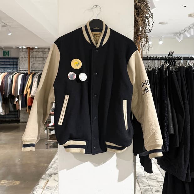 플랑드르 90s 네이비 리얼레더 울 바시티 자켓