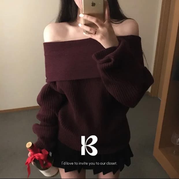 베이델리 데어 오프숄더 골지 니트 퍼플