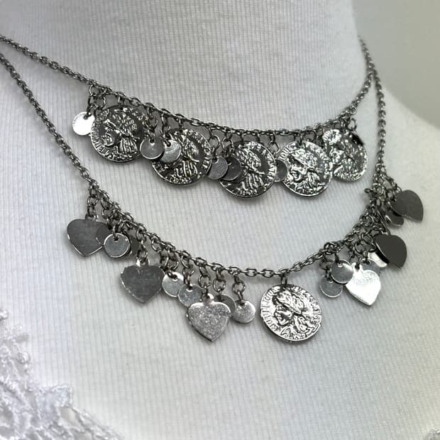 빈티지 실버 코인 레이어드 목걸이