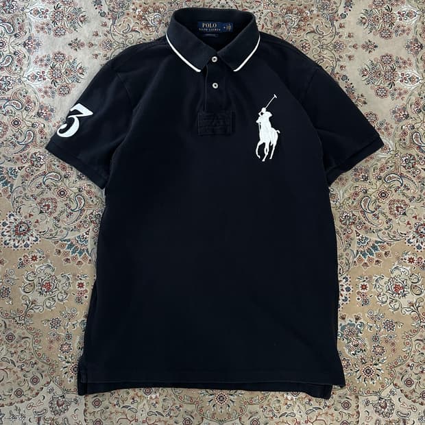 폴로 랄프로렌 블랙/화이트 빅포니 럭비 카라티 