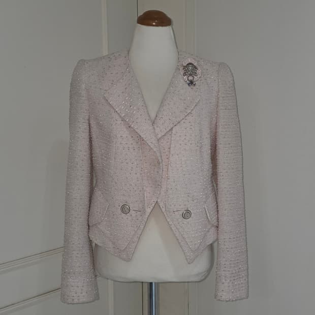 빈티지) 핑크x화이트x골드 트위드 앤틱 브로치포함 여성 로맨틱 정장 자켓