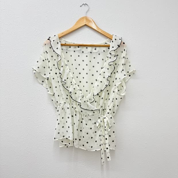 빈티지 시스루 도트 프릴 리본 블라우스