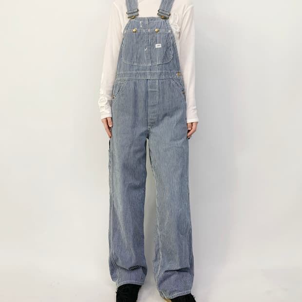 리 스트라이프 데님 오버롤