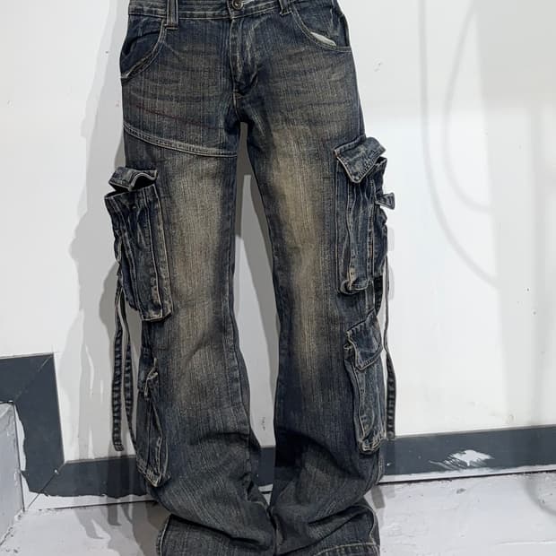 빈티지 워싱 멀티포켓 카고 데님팬츠 