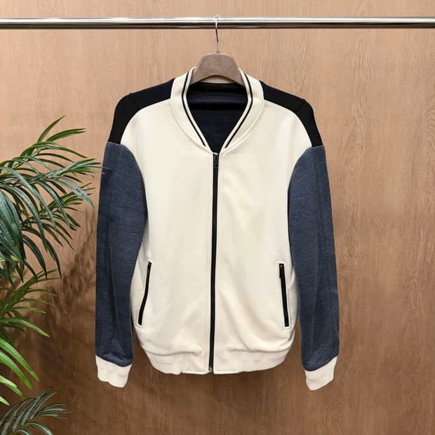 솔리드옴므 집업 자켓 블록 배색 디테일 레귤러핏 아이보리 블랙 그레이