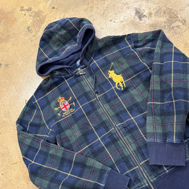 폴로 랄프로렌 그린 네이비 골드 빅포니 체크 후드집업