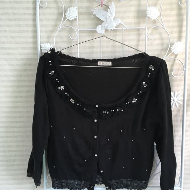 jpn vintage 액시즈팜 블랙 꽃 비즈 펄 레이어드 가디건