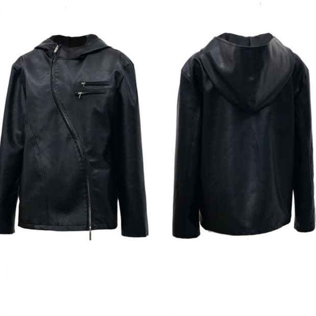 나체 커브드 후디 레더 자켓