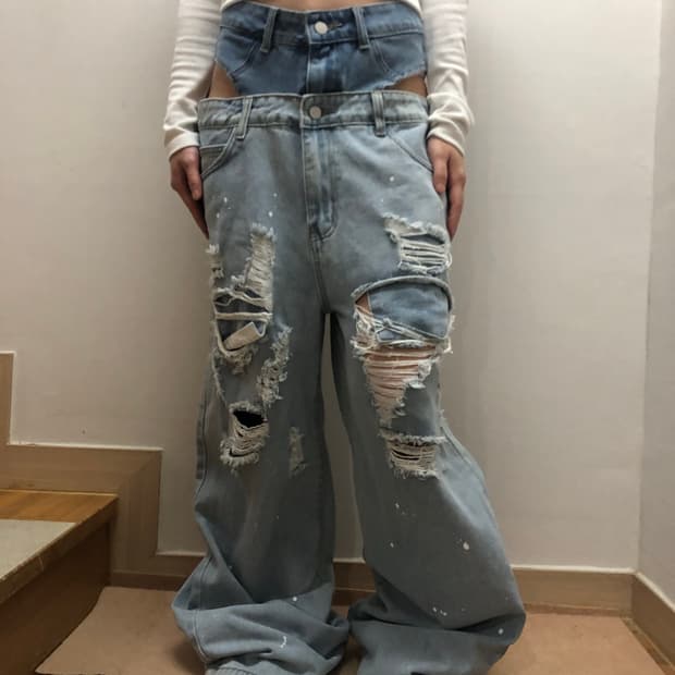 빈티지 데님 펑크 디테일 팬츠