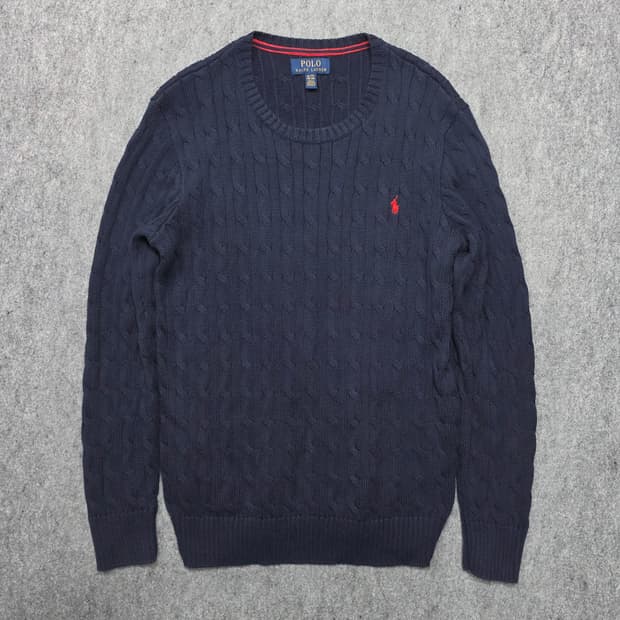 폴로 랄프로렌 케이블 꽈배기 니트 라운드넥 니트 네이비 보이즈 XL