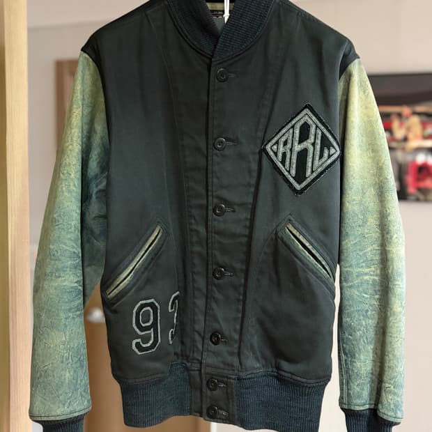 (M) RRL 인디고 레더 바시티 자켓 