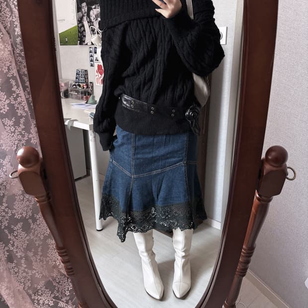 빈티지 데님 블랙 레이스 스커트