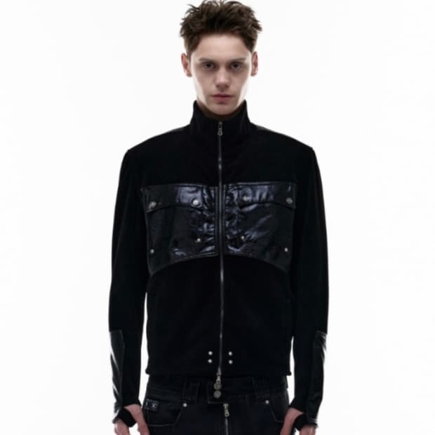 오퍼스 0012 레더 패치 니트 집업 m