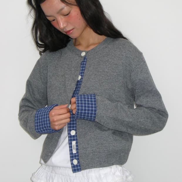 론론 체크셔츠포인트 가디건 그레이