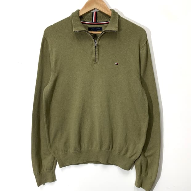타미힐피거 반집업 올리브 니트