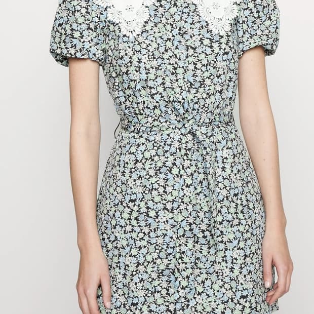 마쥬 플라워 패턴 레이스 카라 퍼프소매 미니 원피스 36사이즈