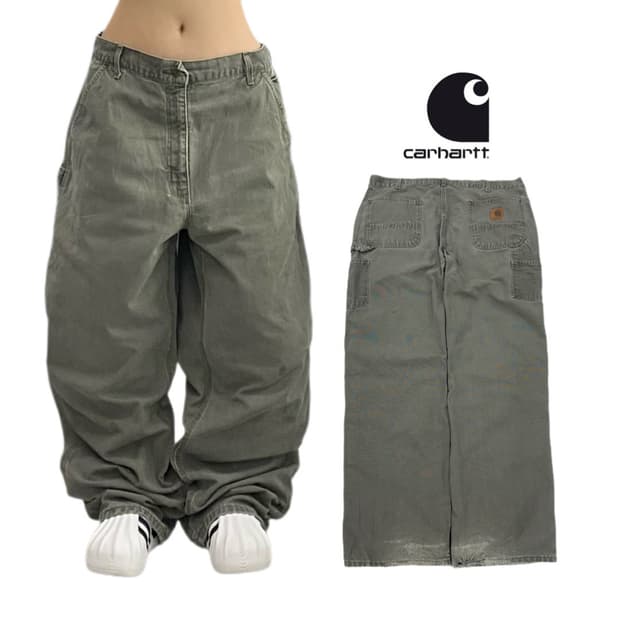 칼하트 OG 모스그린 가죽패치 카펜터 덕캔버스 와이드 워크팬츠
