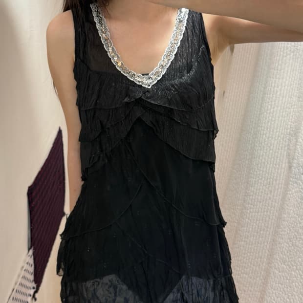 Sequin neck tulle layered top
