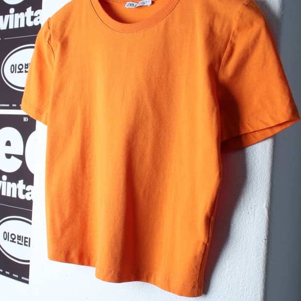 W(L-XL) 자라 반팔 티셔츠 오렌지 무지 크롭-H35255