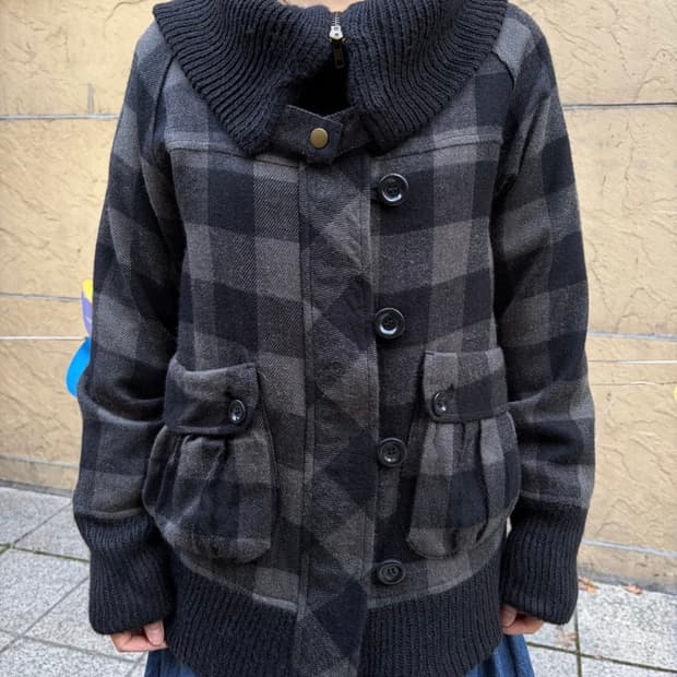 일본 빈티지 락펑크 빅카라 하이넥 체크 자켓