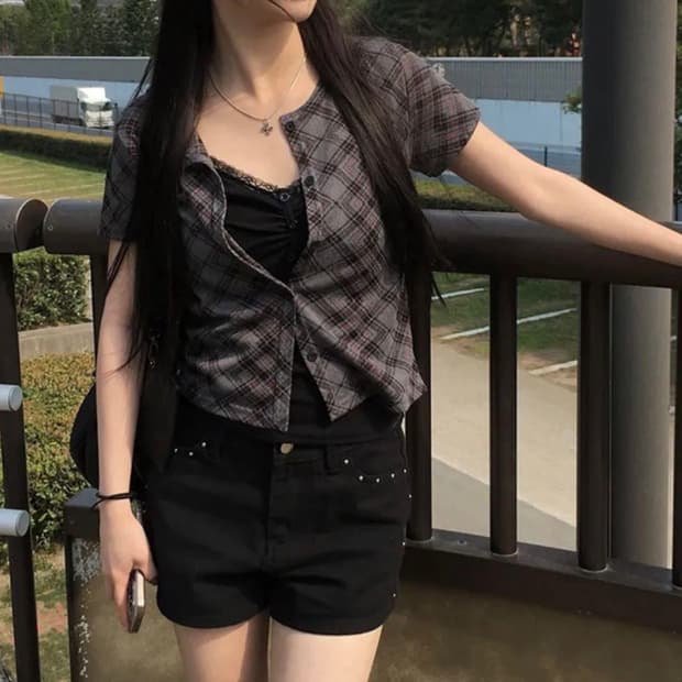 애니원모어 체크 반팔 가디건