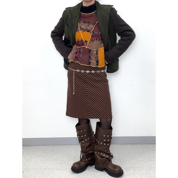 빈티지 스트라이프 미디 스커트