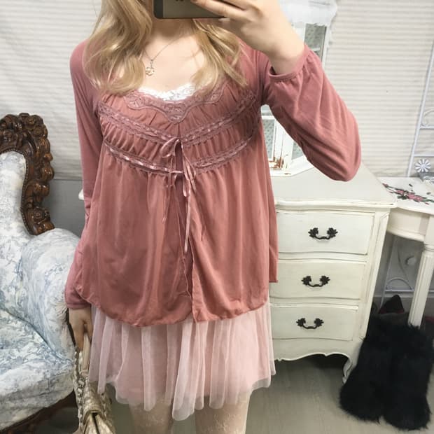 jpn vintage 핑크 레이스 아일렛 레어드 가디건