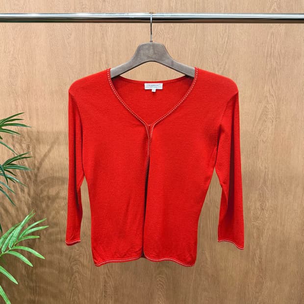 랑방 7부 브이넥 니트 가디건 도트 스티치 라인 디테일 슬림핏 레드