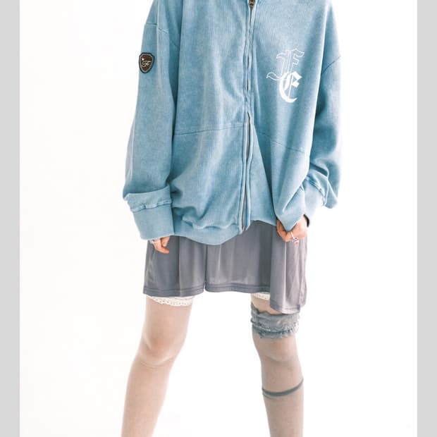 color washing waffle zip-up (sky blue)