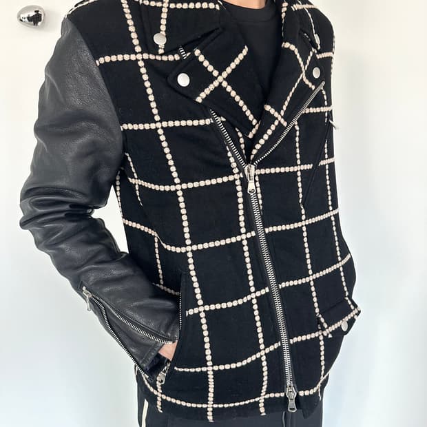 Taakk 타크 자수 체크 레더 라이더 자켓