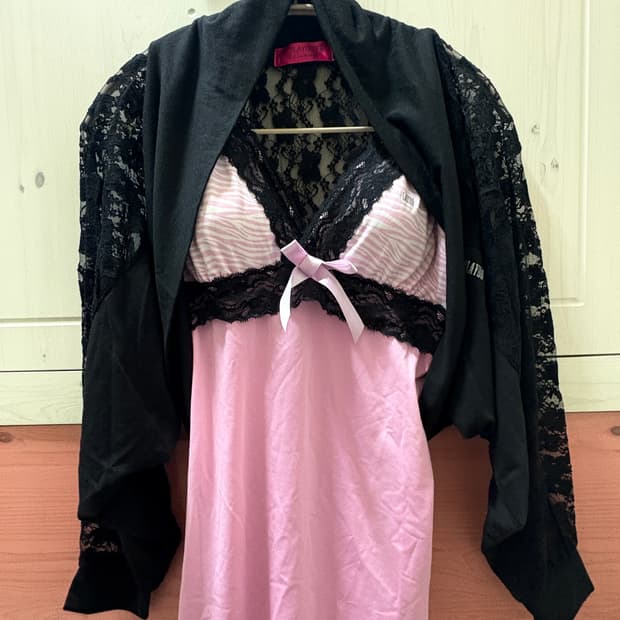 Set playboy 핑크 레이스 슬립 나시 볼레로