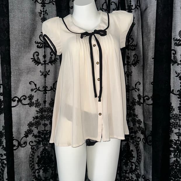 ivory black-piping ribbon blouse