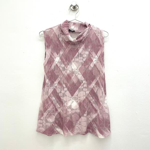 Pink plaid pleated high neck Top