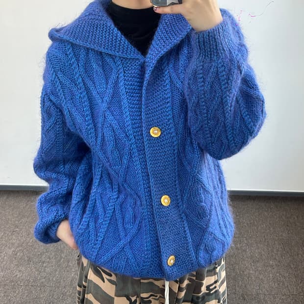 빈티지 딥블루 케이블 니트 가디건