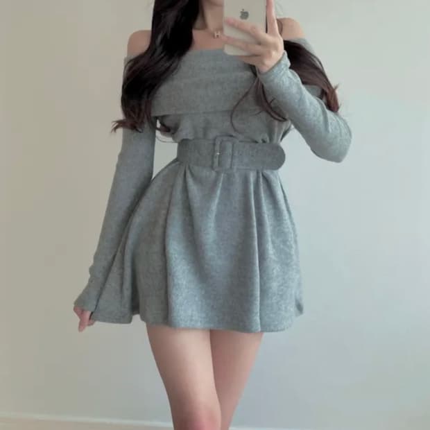 벨트 플레어 오프숄더 기모 원피스